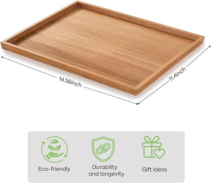 SimpleArt Acacia Wood Serving Tray: Rectangular Wooden Tray for Coffee Table,Large Serving Trays Platter for Breakfast in Bed, Dinner,Tray for Living Room Bedroom Entryway and Kitchen