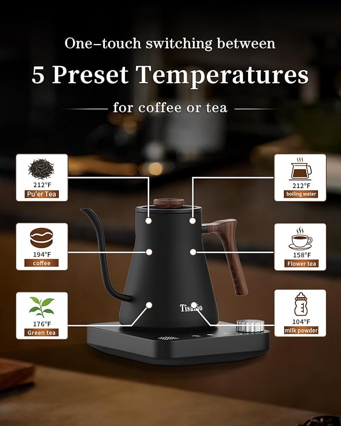 Gooseneck Electric Kettle for Pour Over Coffee, ±1°F Temperature Control, Smart Heating, 304 Stainless Steel, Fast Boil & 2-Hour Keep Warm, 0.9L,Wood Black