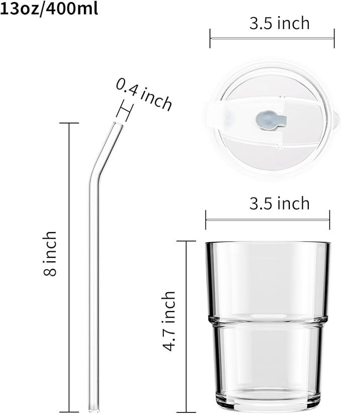 13oz/400ml Tumbler Water Glass, Cups with Straw and Lid Sealed Carry on for Coffee, Iced Tea, Thick Wall Insulated Glass Cup(white)