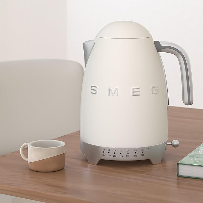 Smeg 50's Retro 7 Cup Stainless Steel Variable Temperature Electric Kettle with 7 Temperature Settings, Led Display, Swivel Base and Keep Warm Function Cream KLF04CRUS