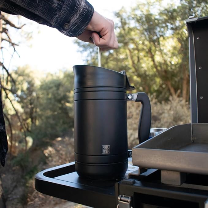 BruTrek® by Planetary Design BaseCamp Coffee Press - Double Wall Insulated Stainless Steel - Bru-Stop Technology, No Grounds in Coffee, No Spill Lid (Obsidian, 48 fl.oz)