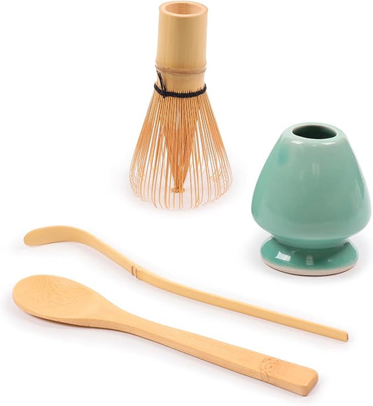 BambooMN Matcha Green Tea Whisk And Scoop 4 Piece Set - Green Holder - 1 Set