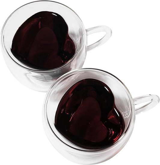 Heart Shaped Double Walled Insulated Glass Coffee Mugs or Aesthetic Tea Cups, Double Wall Glass 8 oz, Clear (2)