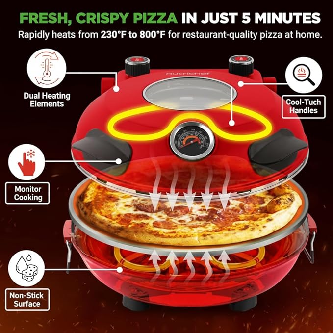 NutriChef Electric Pizza Oven | 1200W Countertop Pizza Maker with Temperature Control & Thermometer | Viewing Window for Precise Cooking | Heats up to 800˚F | Easy to Clean Non-Stick Coating | Red