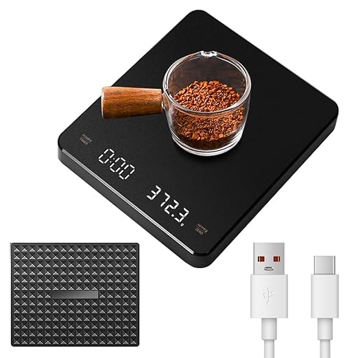 Mini Rechargeable Digital Coffee Scale with Timer, 3Kg/0.1g High Precision Sensor, Waterproof & Heat Resistant 135°C, with Silicone Mat, Ideal for Espresso, Kitchen, and Baking Lovers