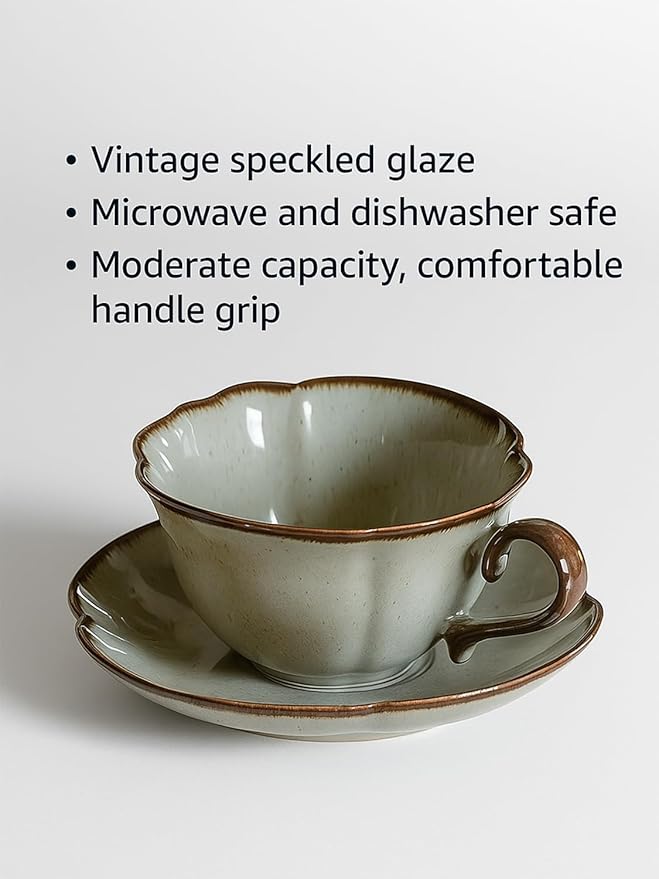 Ceramic Coffee Cup and Saucer Set – 10oz Kiln-Glazed Teacup with Saucer, Handmade Ceramic Mug Set for Coffee, Tea, Cappuccino, or Latte