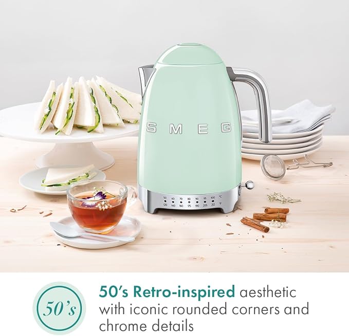 SMEG 7-Cup Variable Temperature Electric Kettle - Retro Style Aesthetic with Advanced Technology - Stainless Steel, 1400W, 120V, 360° Swivel Base, Keep Warm Function (Pastel Green)