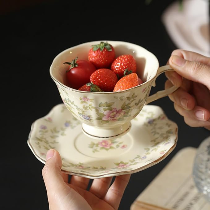 8 oz Vintage flower Ceramic cup and 6" saucer set with Brand customized stainless steel spoon Gifts for Afternoon Tea Coffee Hour (D)