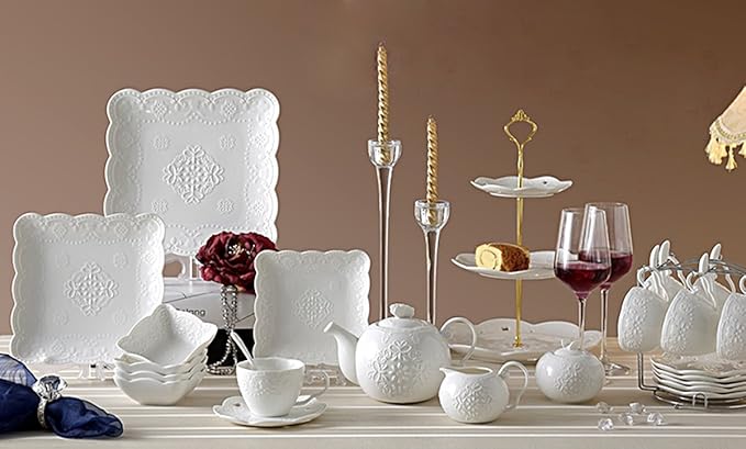 Jusalpha® White Porcelain 5OZ- Tea Cup and Saucer Coffee Cup Set with Saucer and Spoon, Set of 6 (6 Tea Cup Set With Bracket)