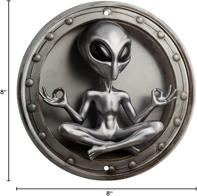 Alien Yoga Metal Wall Art Round Vintage Extraterrestrial Meditation Decorative Sign Home Decoration Unique Sci-Fi Theme Decor Room Decor 8x8 In