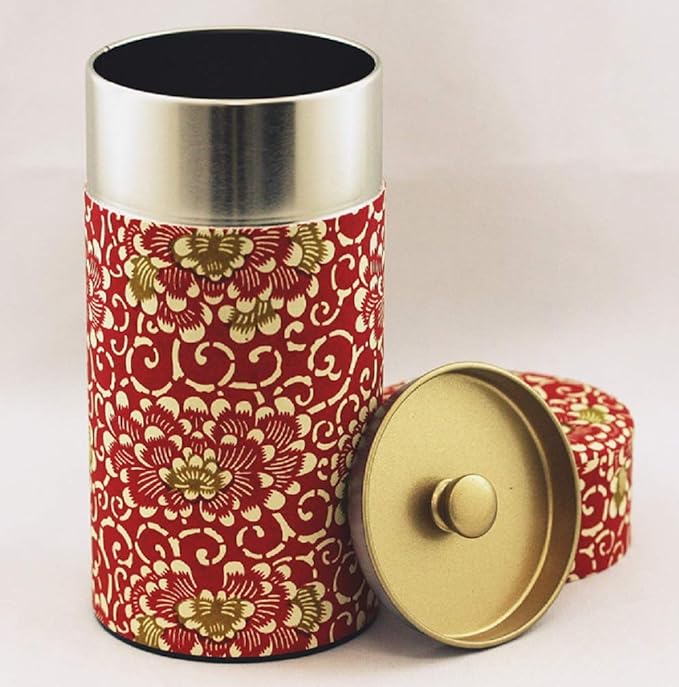 Washi Paper Tea Tin Canister: Long 7oz (200g) Fiery Chrysanthemum (#115), Japan