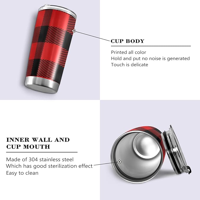 Christmas Tumbler Retro Buffalo Plaid Insulated Coffee Cup Back to School Beverage Container Office Travel Mug with Straw and Lid 20oz Holiday New Year Gift