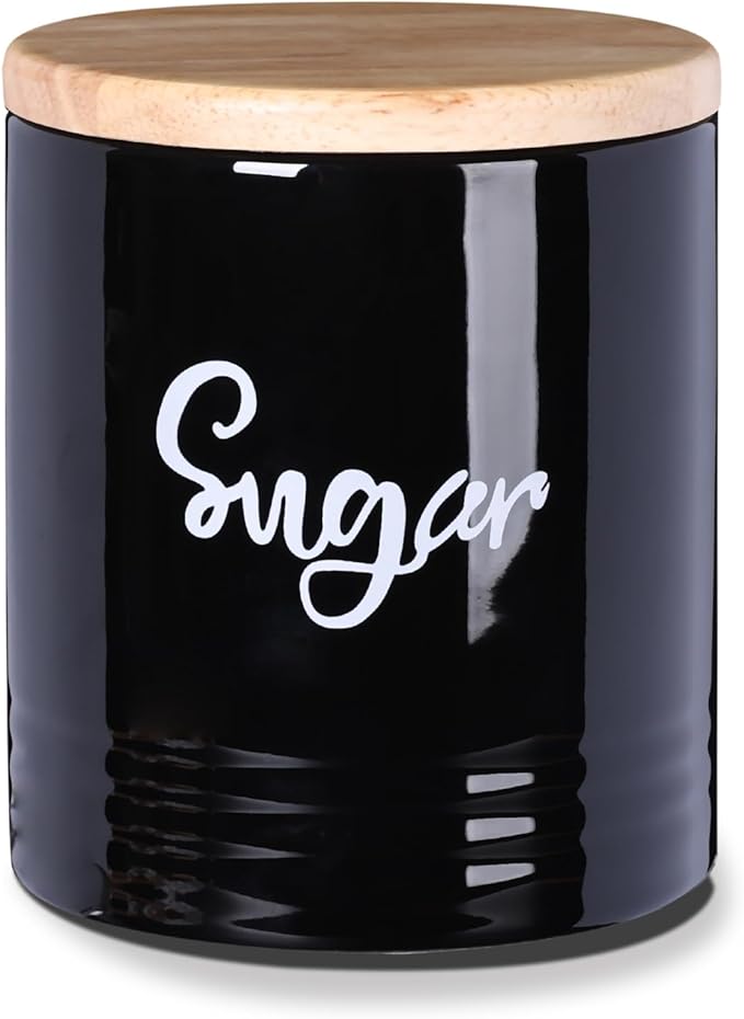 LEETOYI Porcelain Food Storage Containers with Lid, 4.5 Inch 31oz, Black Labeled Sugar
