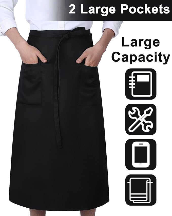 Xtinmee 4 Pcs Bistro Aprons 2 Pockets 32" Waterproof Half Waist Black | Server Aprons with 2 Pockets Unisex, Long Waist Ties, for Halloween Party Chef Waiter Bartender Cooking Restaurant Cafes - Image 2