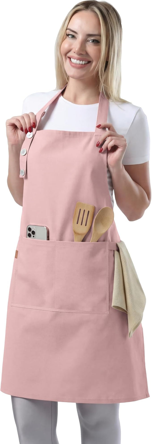 TOSHE Kitchen Apron Waterdrop Resistant Cotton Apron with adjustable Aprons for Women with Pockets 10 Color option Cooking Powder Pink Apron (Powder Pink)
