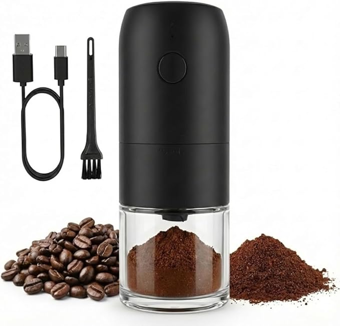 Caldwell Kitchen Portable Electric Coffee Grinder - USB Rechargeable Automatic Ceramic Burr Mill for Travel, Camping & Home - Adjustable Fine to Coarse Settings - Black