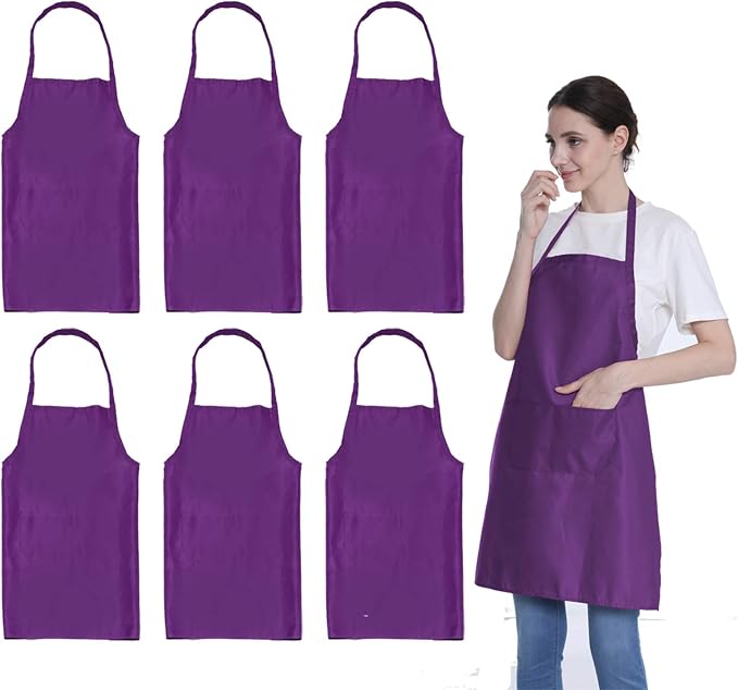 Plain Purple Color Bib Aprons Bulk Adult for Women Men Unisex Chef Apron with 2 Pockets for Cooking Baking Kitchen Restaurant Crafting (Purple,6pcs-size24 X28) by LOYHUANG