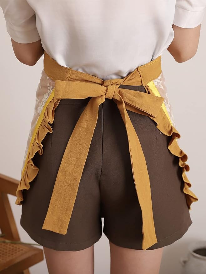Unisex Chef Aprons White Retro Cotton Maid Short 2 Pockets Waist Waiter Waitress Half Apron - Image 3