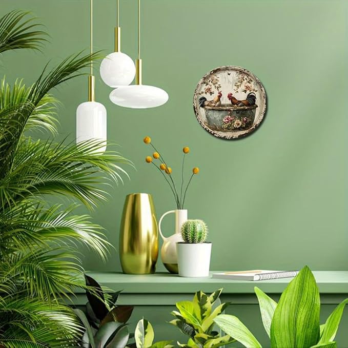 1pc Vintage Round Bathroom Aluminum Metal Decor Sign, 8x8 Inch, Chicken Themed Wreath, Use Without Electricity, No Feathers, with for Home, Living Room Wall Decoration - Image 3