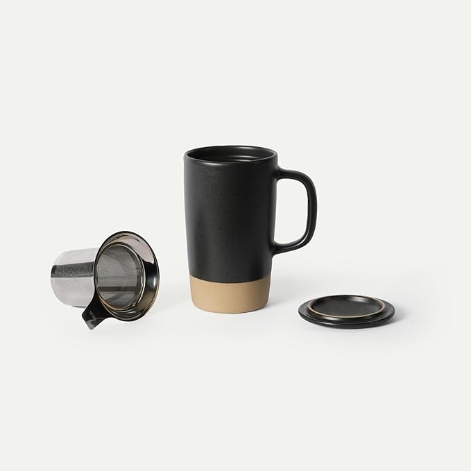 MORA Ceramics Large Tea Mug with Loose Leaf Infuser and Ceramic Lid, 18 oz, Portable, Microwave, Dishwasher Safe, Tall Coffee Cup - Rustic Matte Ceramic Glaze, Modern Herbal Tea Strainer, Liquorice