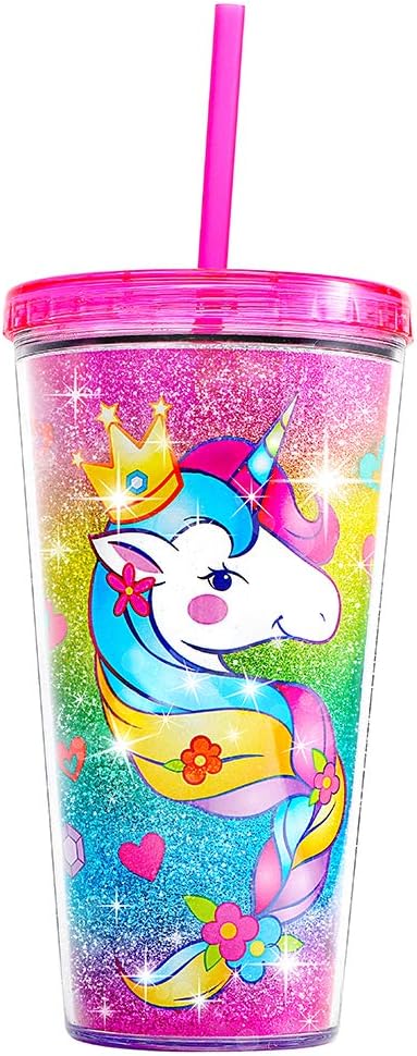 Home Tune Cute Glitter Tumbler Cups with Lid and Straw, Double Wall Insulated Acrylic Cup, 22 oz / 650ml (Unicorn)