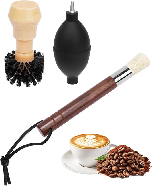 3 Pcs Portafilter Espresso Kit – Ebony Bristle Coffee Brush, Coffee Grinder Brush & Air Blower – Espresso Tool Kit for Machine, Grinder, Countertop by PROKITCHEN