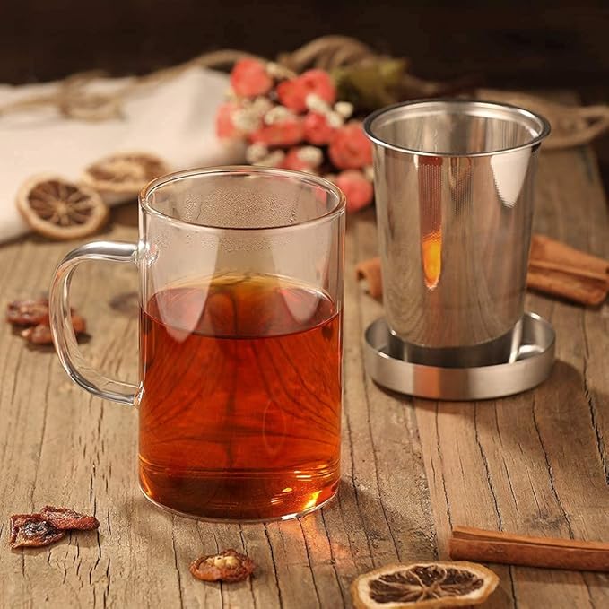 ecooe 16.9 Oz Borosilicate Glass Tea Mug Cup Tea Glasses with Stainless Steel Infuser & Lid, Loose Leaf Glass Tea Cup Teacup 430mL(Use Capacity)