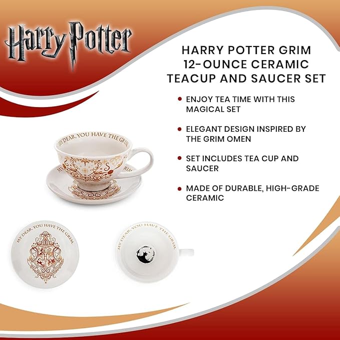 Harry Potter Grim 12-Ounce Ceramic Teacup and Saucer Set | Official Wizarding World Collectible | Hogwarts-Themed Magical Tea Party Gift Set | Place Setting For 1