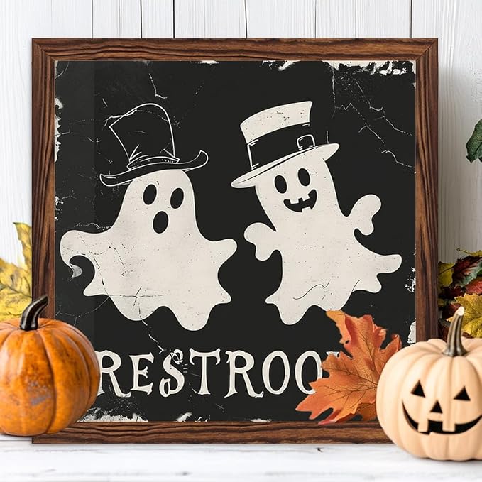Vintage Halloween Cute Ghosts Bathroom Decor Restroom Wooden Sign 7.87x7.87 Inch, Halloween Wall Art Wooden Sign For Bathroom, Cafe, Bar, Office Hanging Decor - Image 3