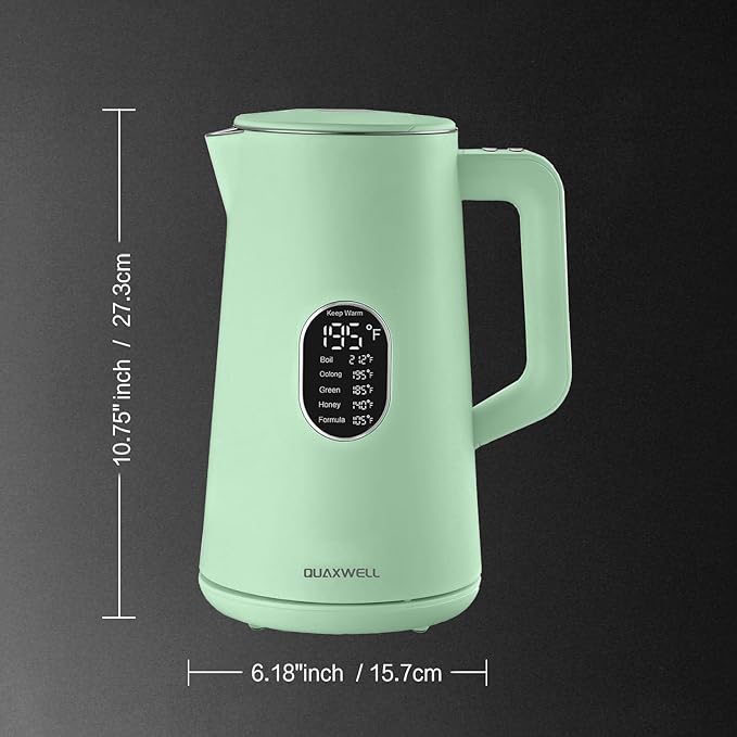 1.5L Electric Kettle Stainless Steel Double Wall Cold Touch Tea Kettle, Quick Boil, 5 Temperature Control, LED Display, Auto Shutoff, Warm Function, Green