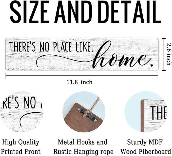 AGMDESIGN There's No Place Like. Home. Wooden Sign, Rustic Wall Decor for Shelf Desk Front Door, Farmhouse Bedroom Kitchen Bathroom Living Room Hanging Wooden Plaque, New Home Gifts for Friend Coworker - Image 2