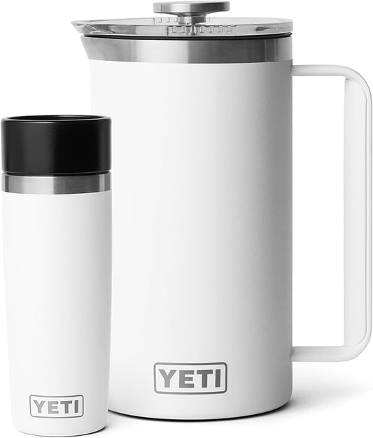 YETI Rambler 34 oz. French Press Coffee Maker, (1) 16 oz Travel Bottle, Stainless Steel, White