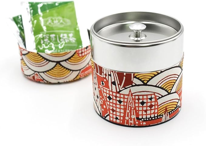 Japanese Pokkan Matcha Coffee Spice Tea Tin Canister Washi Paper Storage with Lid 7.05 oz Capacity (Modern Seigaiha, S)