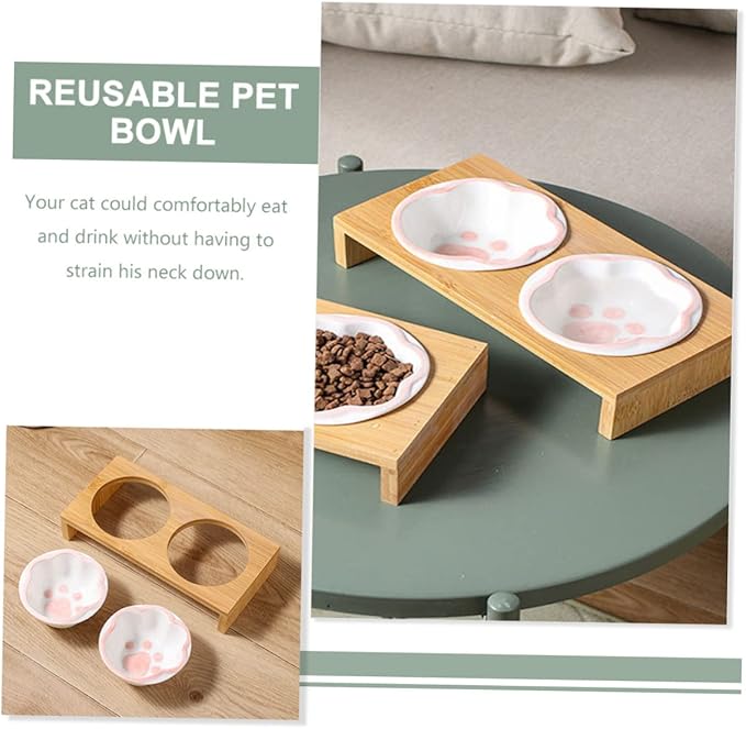 Whisker Friendly Cat Bowl Elevated Ceramic Pet Bowl Bamboo Rack Cat Food Indoor Dishes