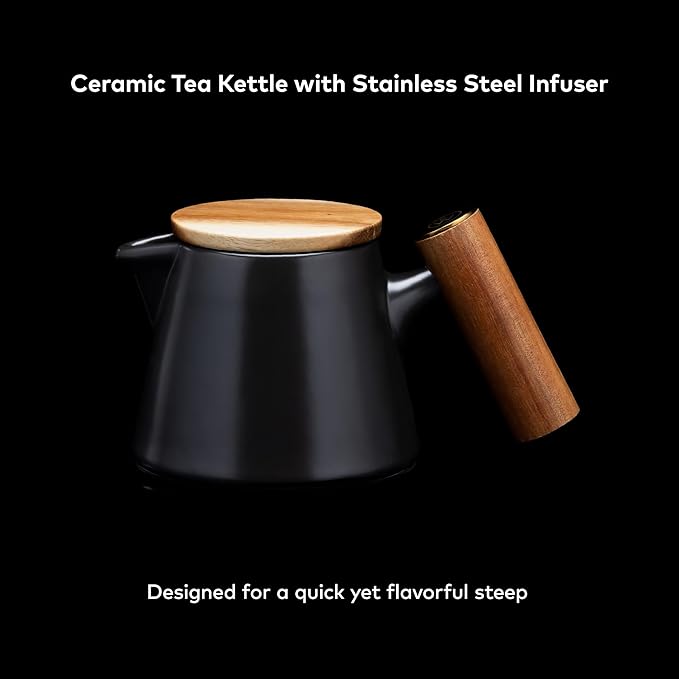 ChefWave Matte Black Ceramic Tea Pot with Stainless Steel Infuser and 2 Matte Black Medium Ceramic Mugs Bundle (3 Items)