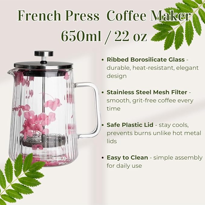 Glass French Press Coffee Maker 22oz (Pink Floral) – Double-Wall Borosilicate Ribbed Coffee Press with Stainless Steel Filter, Manual Coffee Brewer & Tea Press
