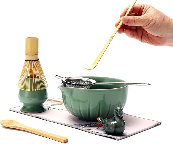 Matcha Ceremony Accessory,temmoku glaze Matcha Whisk, Traditional Scoop (Chashaku), Tea Spoon, Whisk Holder, 1 tea bowl, 1 tea siev, The Perfect Set to Prepare a Traditional Cup of Matcha. (Green)