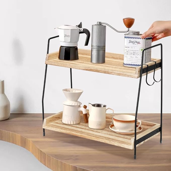 2-Tier Coffee Station Organizer for Countertop, Wooden Coffee Bar Organizer with 2 Cup Hooks, Countertop Storage for Bathroom, Kitchen, Holiday Decorations - Image 2