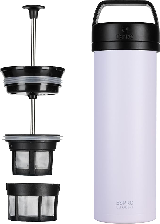 ESPRO P0 Ultralight French Press Coffee Maker for Travel, Vacuum Insulated Stainless Steel, 16 Ounces, Light Pink