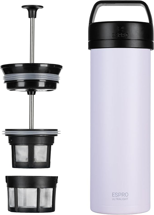ESPRO P0 Ultralight French Press Coffee Maker for Travel, Vacuum Insulated Stainless Steel, 16 Ounces, Light Pink