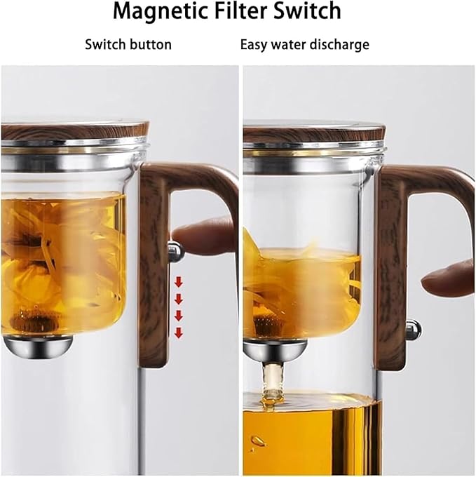 Enchantipot Magic TeaPot, 720ML Water Separation Glass Tea Pot with Wooden Handle, Press Control Magic Tea Infuser, For Loose Tea Kettle Witchcraft Teapot