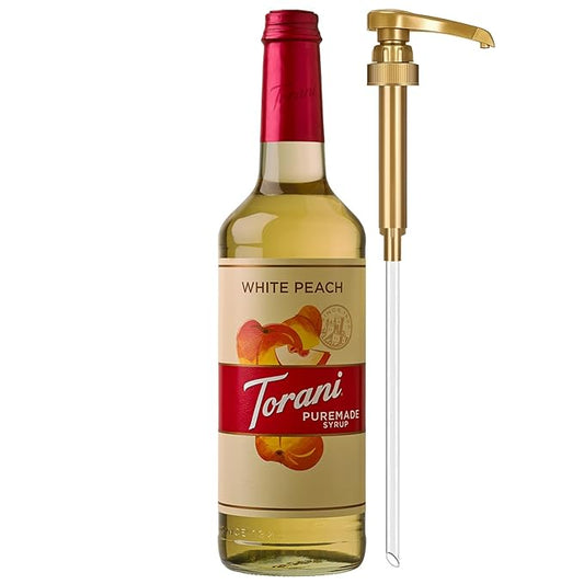 Torani Puremade Syrup, White Peach Flavoring for Drinks, Glass Bottle with Pump Included, 25.4 Fl Oz