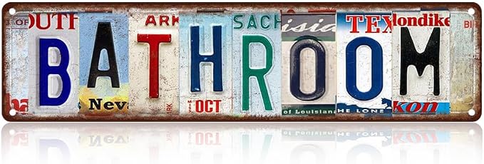 Vintage License Plate Bathroom Sign – 16x4 inch Funny Metal Tin Sign for Restroom Decor, Rustic Wall Art for Home, Cabin, Farmhouse or RV by SARAHEVE