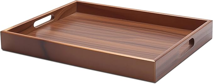 Wood Tray for Decor, 14"x10"x1.5" Wood Serving Trays with Handle, Medium Serving Tray for Ottoman Coffee Table, Home Decor, Party