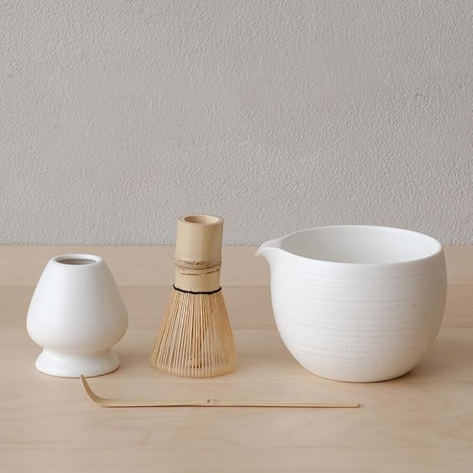 Matcha Whisk Set, Ceramic Matcha Bowl & Whisk Holder, Bamboo Accessory, Modern Design (Matte Crème, Pouring Spout) (Matte White)