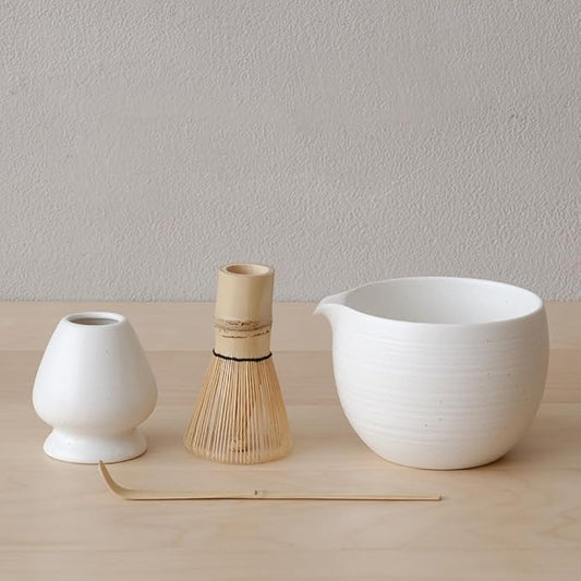 Matcha Whisk Set, Ceramic Matcha Bowl & Whisk Holder, Bamboo Accessory, Modern Design (Matte Crème, Pouring Spout) (Matte White)