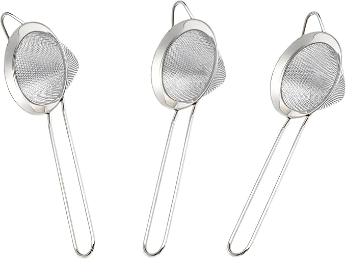 3-Piece Stainless Steel Fine Mesh Strainer Set - Conical Tea & Cocktail Filter for Loose Leaf, Food, Bar Use - Ergonomic Durable Kitchen Colander Tool