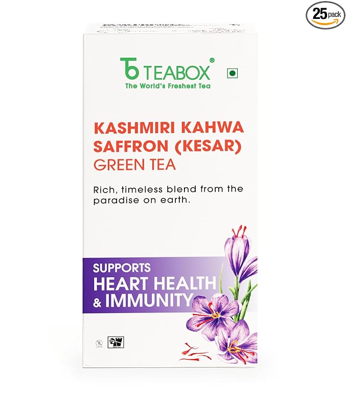 Teabox Kashmiri Kahwa Green Tea | 25 Tea Bags | Whole Green Tea Leaves with Saffron, Cardamom, Cinnamon, Clove and Almond | Gluten-Free Tea, Medium-Caffeine