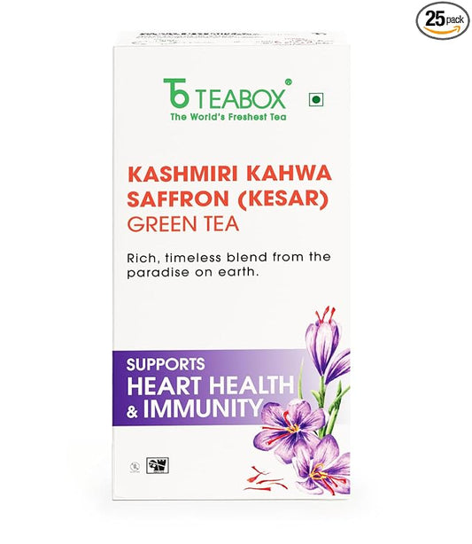Teabox Kashmiri Kahwa Green Tea | 25 Tea Bags | Whole Green Tea Leaves with Saffron, Cardamom, Cinnamon, Clove and Almond | Gluten-Free Tea, Medium-Caffeine