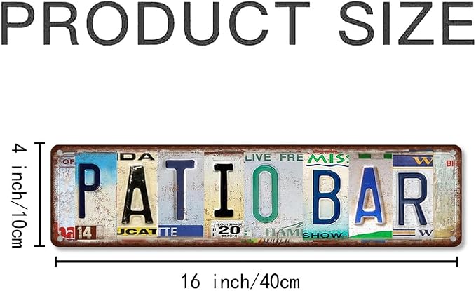 Vintage License Plate PATIO BAR Sign – 16x4 Inch Rustic Tin Wall Décor for Outdoor Patio, Backyard Bar, BBQ Area, Garden Bar or Poolside - Image 2